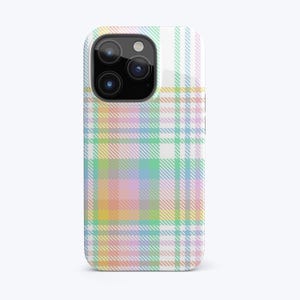 May include: A white phone case with a colorful plaid pattern in pastel shades of yellow, pink, green, and blue. The case has a glossy finish and a camera cutout.