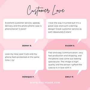 Puede incluir: Un gr&aacute;fico rosa con las palabras "Customer Love" en una fuente cursiva. La imagen presenta testimonios de clientes en burbujas de di&aacute;logo blancas, con nombres y una direcci&oacute;n web en la parte inferior.