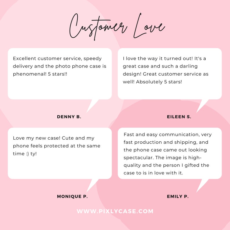 Puede incluir: Un gr&aacute;fico rosa con las palabras "Customer Love" en una fuente cursiva. La imagen presenta testimonios de clientes en burbujas de di&aacute;logo blancas, con nombres y una direcci&oacute;n web en la parte inferior.