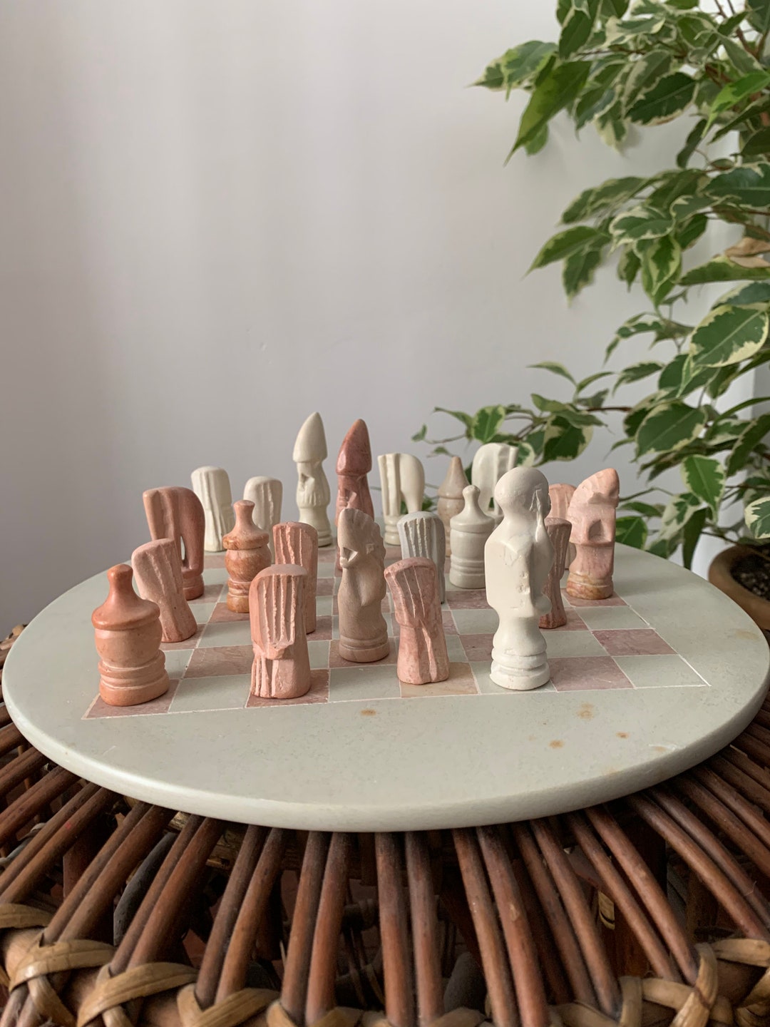 Hand Carved Soapstone Chess Set Pink and Cream Chess Set Etsy