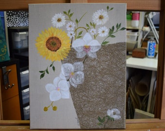 Tableau acrylique et collage sur toile de lin brut - composition florale