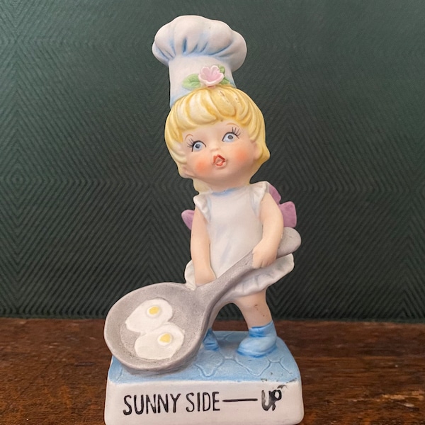 Vintage, 1950’s Kitsch, Bisque Pottery, Handpainted Girl with Frying Pan ‘SUNNY SIDE UP’.