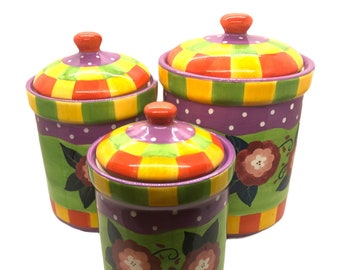 Hand Painted Ceramic 3 Piece Canister Set with Flowers and Checkerboard