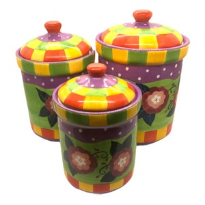 Hand Painted Ceramic 3 Piece Canister Set with Flowers and Checkerboard