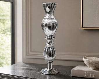 Vintage Mercury Glass Taper Candle Holder with Distressed Silver Finish