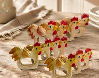Vintage Vera Neumann Hand-Painted Wooded Rooster Napkin Rings (Set of 11)