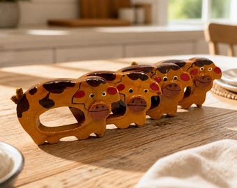 Vintage Vera Neumann Hand-Painted Wooded Cow Napkin Rings (Set of 4)