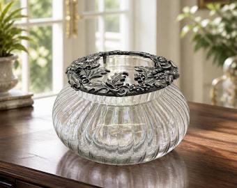 Vintage Rawcliffe Pewter Lid and Ribbed Glass Potpourri Jar with Figural Design