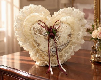 Vintage Satin Heart-Shaped Decorative Pillow with Double Lace Ruffles, Ribbon Roses and   Potpourri Insert – Romantic Cottagecore Deco