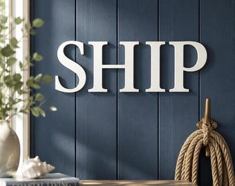 Vintage Decorative Whitewashed Resin SHIP Serif Style Letters with Hanger Holes – Personalized Wall Decor & Home Accent
