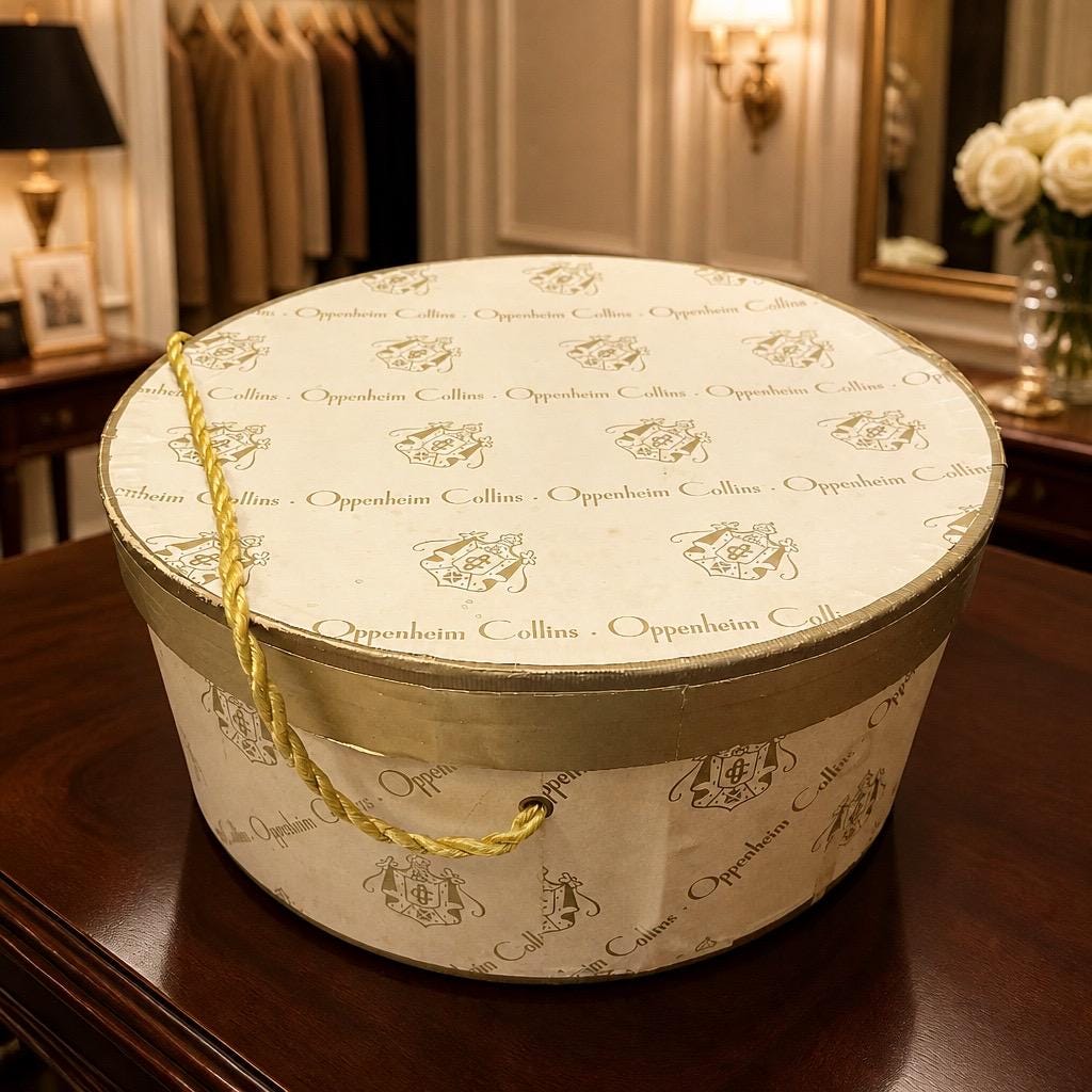 Vintage Oppenheim Collins Round Hat Box with Gold Rope Handles