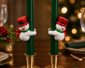 Vintage Hand-Painted Ceramic Christmas Character Candle Huggers (Set of 5 - Santa, Mrs. Claus, Snowmen & Holiday Cat)