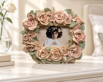 Vintage United Design Corporation Fancy Frames Hand-Painted Resin Three-Dimensional Sculpted Rose Picture Frame with Glass and Easel Back