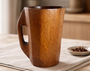 Vintage Hand Carved Wooden Noggin Pitcher with Handle – Rustic Primitive Kitchen Decor