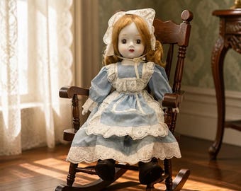 Vintage Hand-Painted Porcelain 18" Doll in Blue Dress with Lace Apron and Bonnet