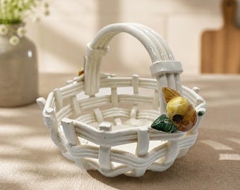 Vintage Toscany Imports Ltd Ceramic Lattice Weave Trinket Basket with Figural Fruit Appliques (Made in Spain)