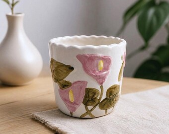 Vintage Hand-Painted Ceramic Scalloped Calla Lily Planter Vase - Mid-Century Floral Decor