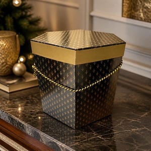 May include: A hexagonal gift box featuring a black exterior with a repeating gold fleur-de-lis pattern. The box includes a solid gold lid and a decorative twisted gold and black rope cord wrapped around the middle section of the container.