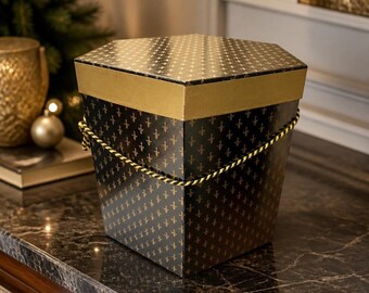 Vintage Matthew & Nicolas Hexagonal Lidded Wig Box with Fleur-de-lis Design and Rope Handle (Includes Styrofoam Mannequin Head)