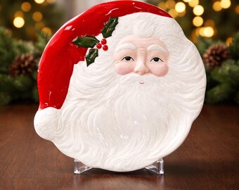 Vintage Hand painted Ceramic Santa Serving Plate with Holly Accented Hat