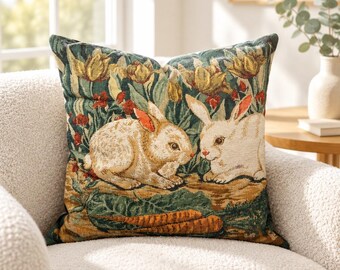 Vintage Jacquard Tapestry Throw Pillow Featuring Pastoral Rabbits and Tulips – Cottagecore Decor, Rustic Farmhouse Accent