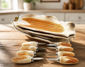Vintage Ceramic Corn on the Cob Serving Dishes (Set of 4) with Stainless Steel Skewers (Set of 8) Made in Japan