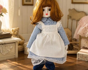 Vintage Hand-Painted Porcelain 15" Doll with Auburn Hair and Blue & White Striped Dress with Lace
