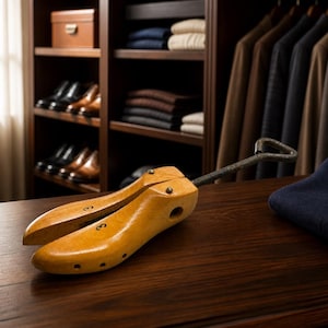 May include: A light brown wooden shoe tree with a metal threaded rod and a triangular handle. The two-piece wooden form features the number 3 stamped on each side, small circular holes along the edges, and a smooth, polished finish.