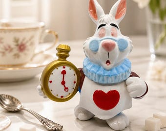Vintage Disney Ceramic Hand-Painted White Rabbit Sugar Bowl with Pocket Watch Detail – Alice in Wonderland Collectible
