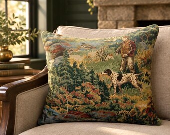 Vintage Jacquard Tapestry Double-Sided Throw Pillow Featuring Duck Hunter and Bird Dog