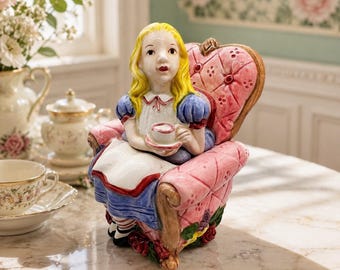 Vintage Fitz & Floyd Ceramic Hand-Painted Alice in Armchair Sugar Bowl (From the 1992 Alice in Wonderland collection)