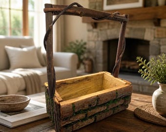 Vintage Handmade Rustic Natural Wood Bark Decorative Basket with Twig Handle – Woodland Farmhouse Decor