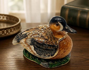 Vintage Enameled Metal Mallard Duck Trinket Box Figurine with Magnetic Closure
