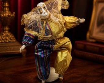Vintage Hand-Painted Porcelain 9" Pierrot Clown Doll in Gold and Stripes with Stand