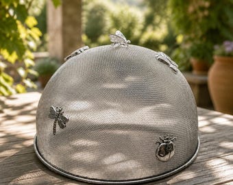 Vintage Silver-Plated Mesh Food Dome with Decorative Butterflies and Friends Accents