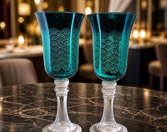 Vintage Empoli Emerald Green Art Glass Hurricane Pedestal Vases with Optic Swirl Design (Set of 2)