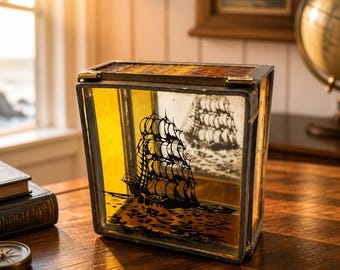 Vintage Stained Glass Clipper Ship Trinket Box with Mirror Detail