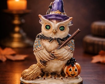 Vintage Enameled Metal Owl Witch Trinket Box Figurine with Magnetic Closure