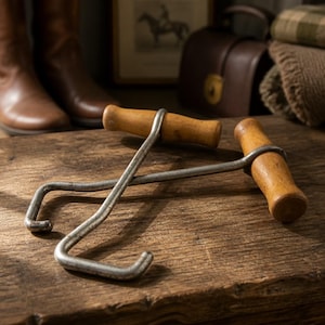 May include: Two metal hooks with cylindrical wooden handles. Each tool features a long, bent steel shaft ending in a hook, attached to a smooth, light brown wooden grip. The metal surfaces show a weathered, grey finish with visible texture.