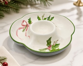 Vintage Los Angeles Pottery Laurie Gates Hand-Painted Ceramic Christmas Holly And Ribbon Chip Dip Serving Dish