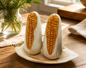 Vintage Ceramic Corn on the Cob Salt and Pepper Shaker Set with Serving Dish (Made in Japan)