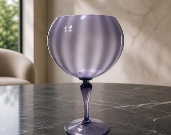 Vintage Tall Optic Smoke Gray Amethyst Art Glass Candy Compote Bowl with Clear Amethyst Footed Pedestal