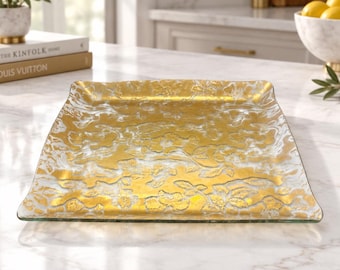 Vintage Mid-Century Modern Square Floral Gold Leaf Glass Serving Tray – Hollywood Regency Decor