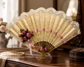 Vintage Victorian-Style Decorative Lace Fan with Pink Rose Accents – Romantic Vintage-Style Display Piece
