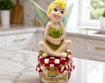 Vintage Disney Ceramic Hand-Painted Tinker Bell and Preserves Jar Salt and Pepper Shakers – Alice in Wonderland Collectible