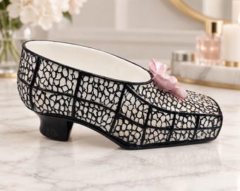 Vintage Resin Shoe Figurine with Black and White Crackle Texture and Pink Bow Detail