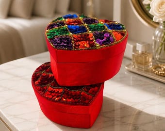 Vintage Sequined Heart-Shaped Satin Trinket Boxes (Set of 2)