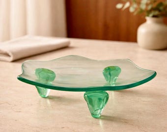 Vintage Clear Glass Scalloped Plate with Green Glass Feet – Mid-Century Modern Decorative Dish