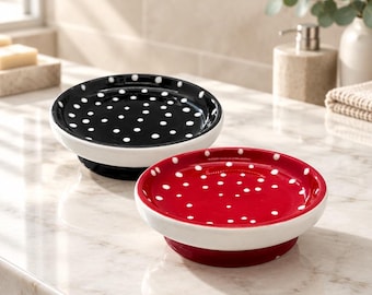 Vintage Hand-Painted Ceramic Soap Dishes with Polka Dot Pattern (Set of 2)