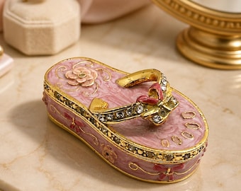 Vintage Enameled Metal Pink Floral Flip Flop Trinket Box Figurine with Magnetic Closure